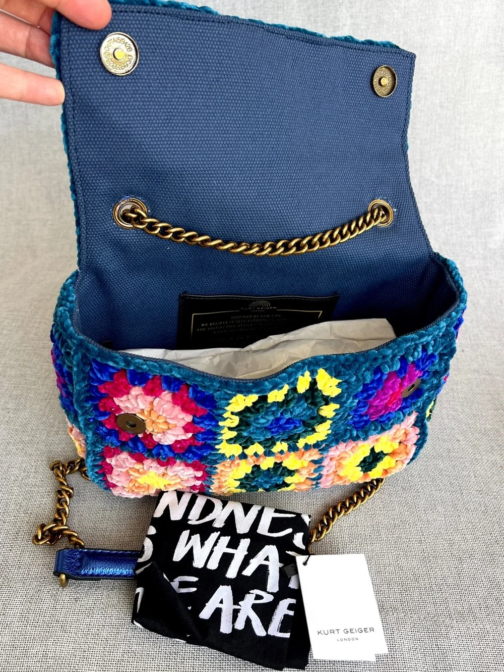 Kurt Geiger Boho Chenille Crochet Patchwork crossbody bag teal, pink yellow blue